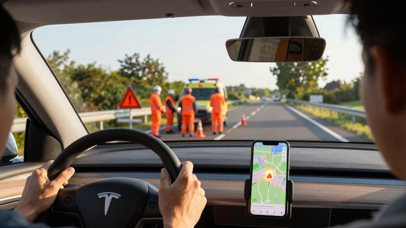 Condutor de Tesla aguarda numa estrada enquanto trabalhadores de emergência em coletes laranja estão à frente.