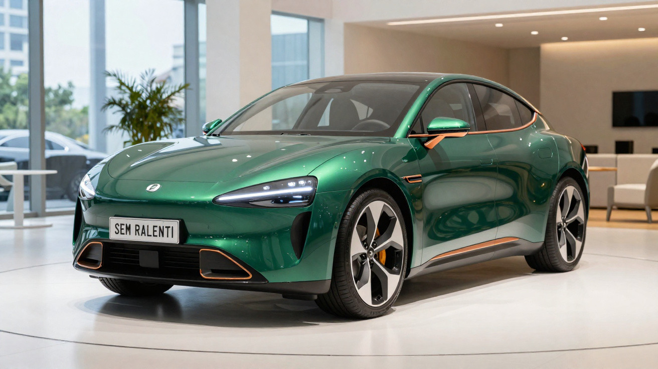 Carro elétrico verde metálico com design moderno em exposição dentro de um showroom.
