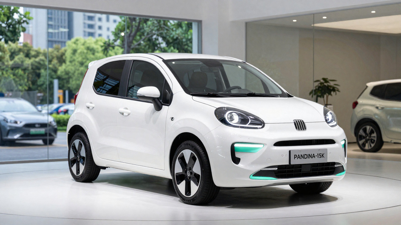 Carro elétrico branco Fiat Pandina-15K em exposição numa sala moderna com vidros amplos e iluminação natural.