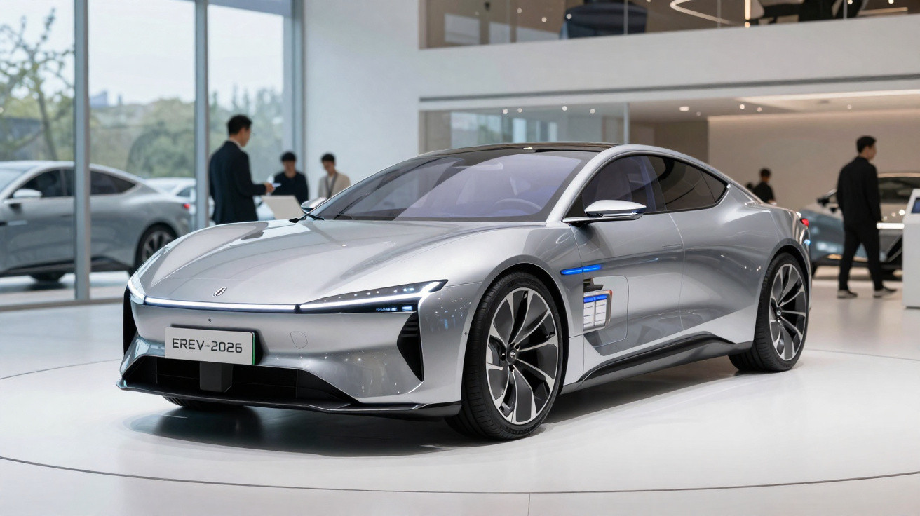 Carro elétrico desportivo prateado em exposição num salão moderno com pessoas ao fundo.