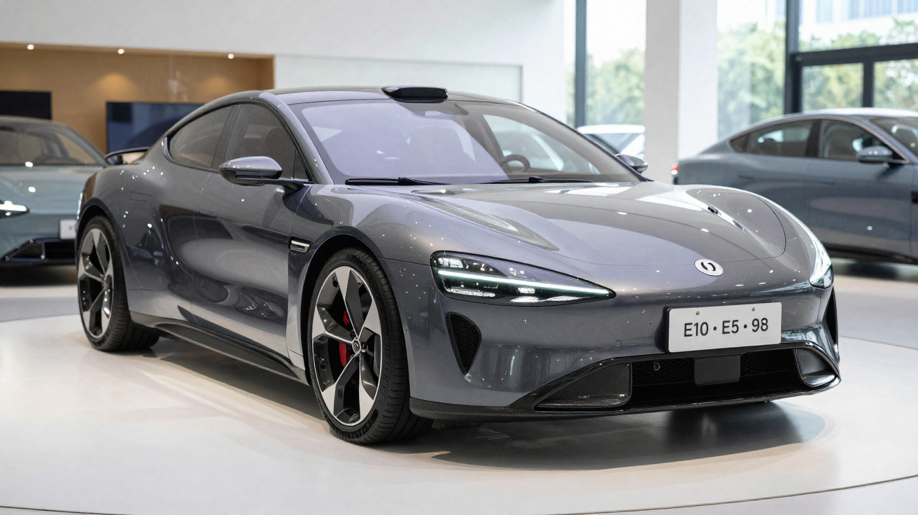 Carro elétrico desportivo cinza escuro elegante em exposição numa sala luminosa com outras viaturas ao fundo.