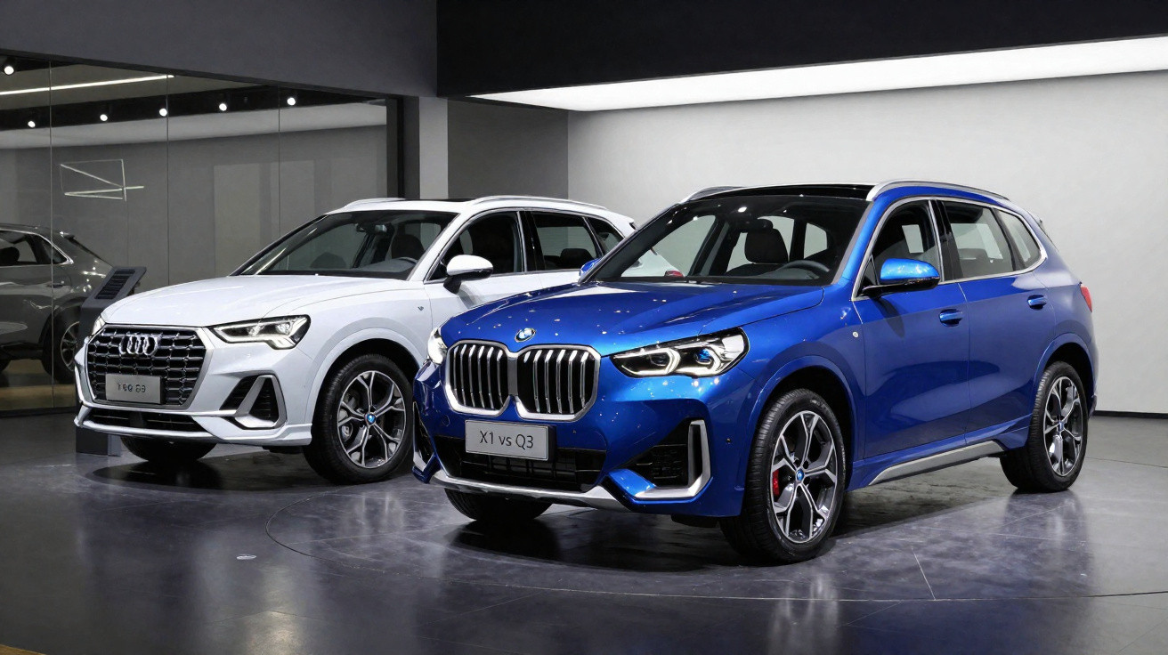 Dois SUVs modernos, um azul BMW X1 e um branco Audi Q3, em exposição numa sala de exposições iluminada.