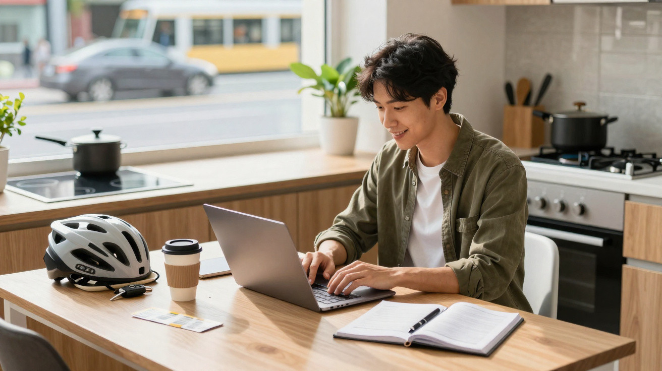 Jovem a trabalhar num computador portátil numa cozinha moderna com capacete, café e caderno à sua frente.