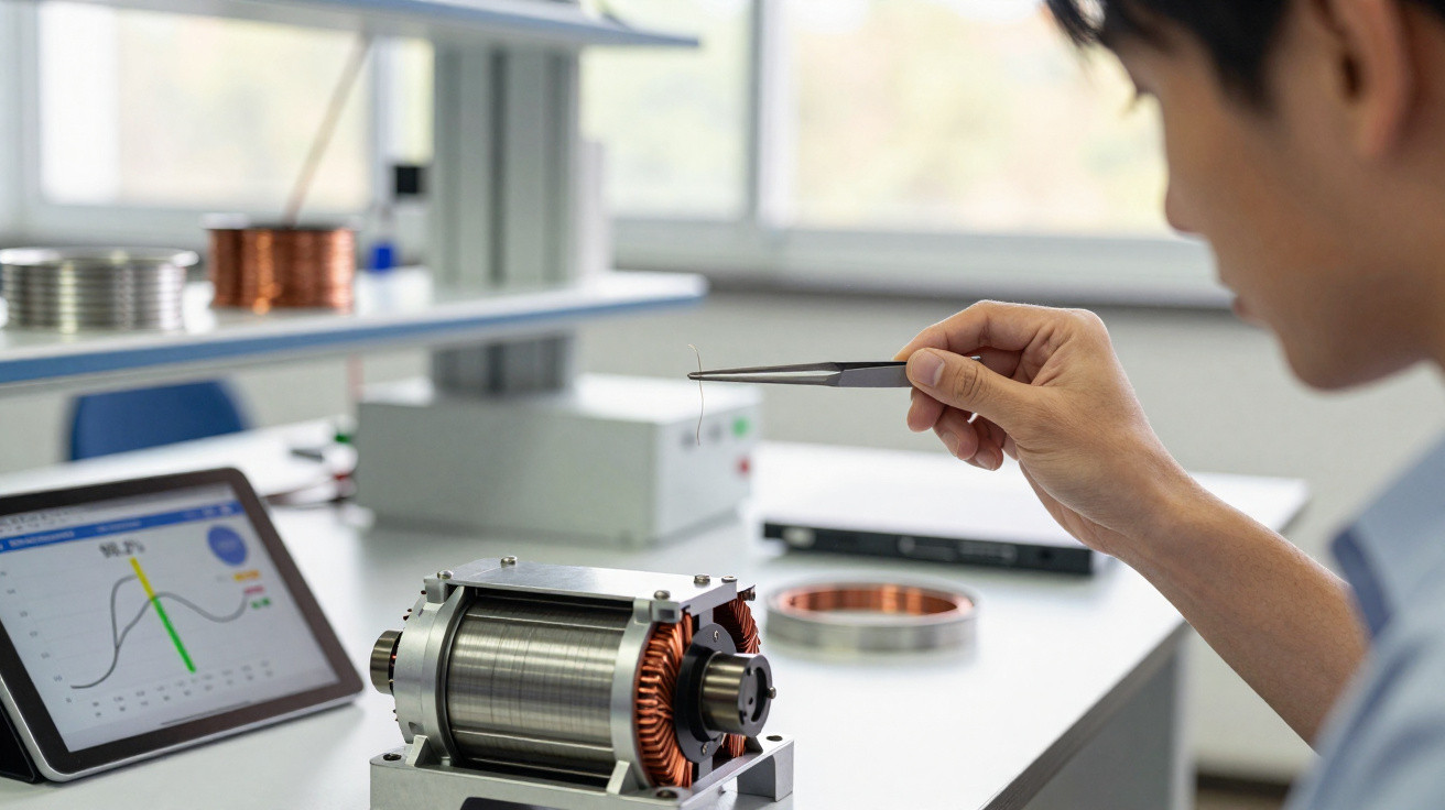 Pessoa a inspeccionar um componente de motor elétrico com pinças num laboratório tecnológico.
