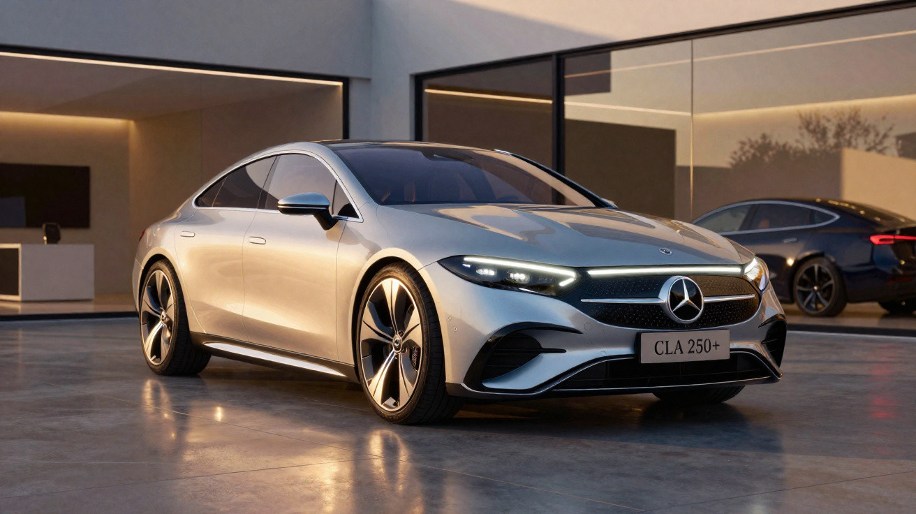 Carro Mercedes-Benz CLA 250+ prateado estacionado em garagem moderna com vidros e iluminação interior.