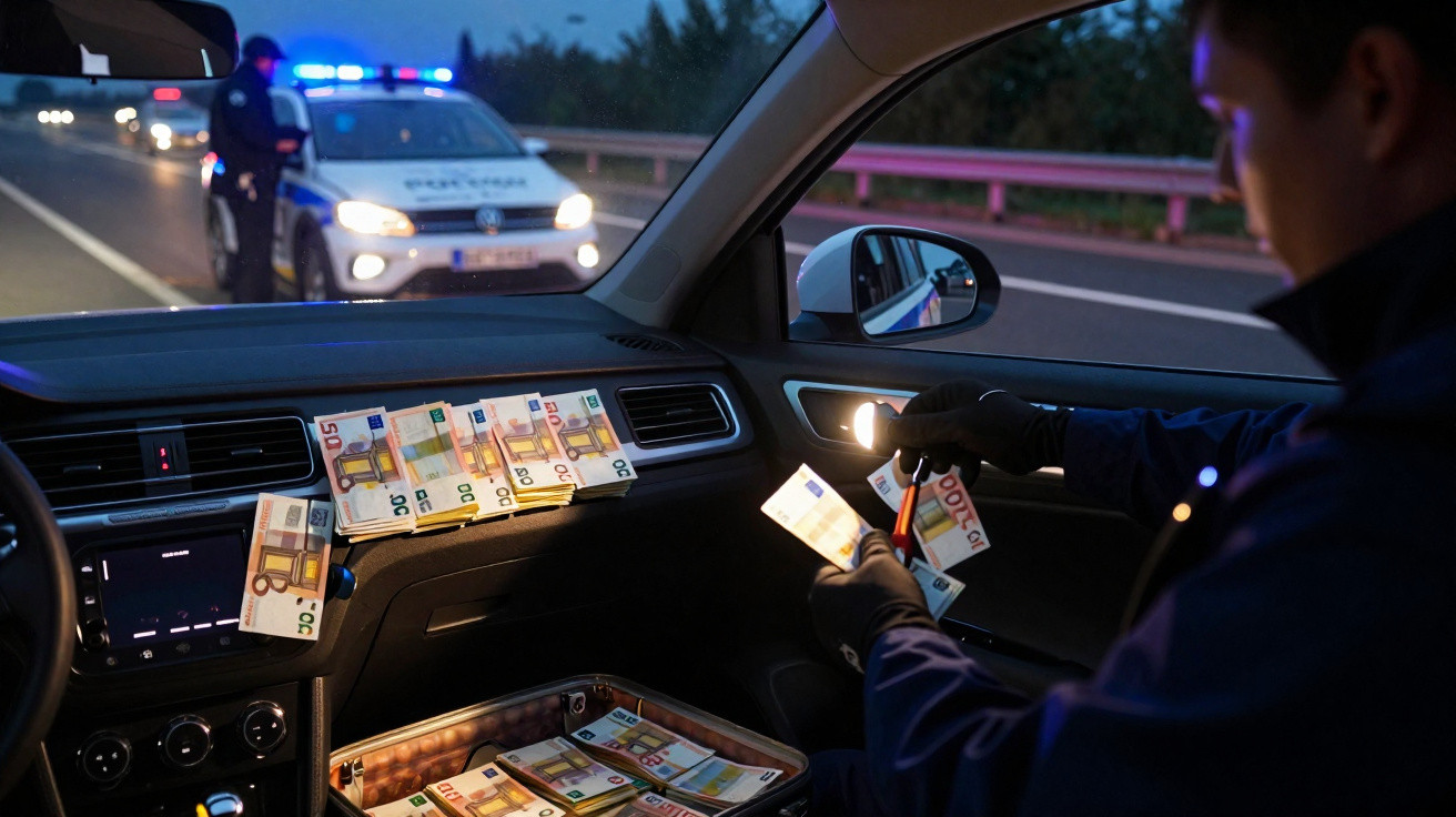 Agente da polícia a contar notas de euro dentro de carro durante abordagem policial na estrada à noite.