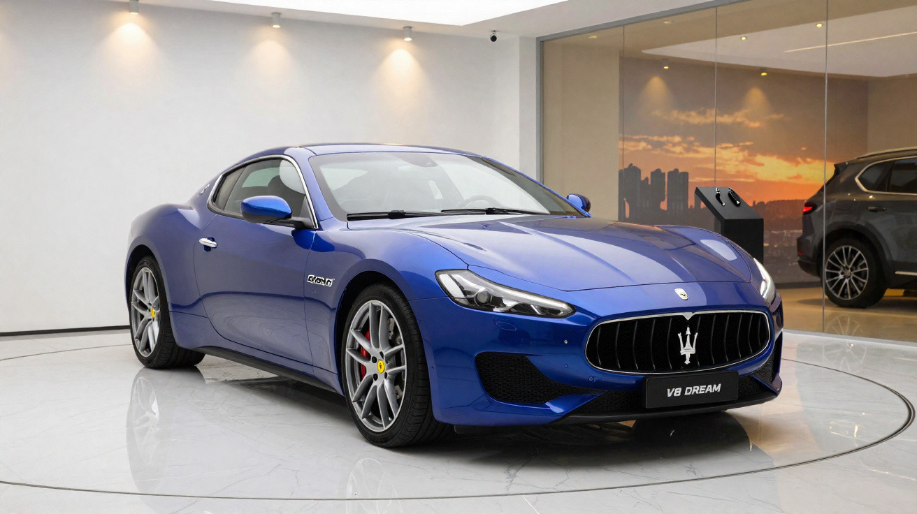 Automóvel desportivo azul Maserati V8 Dream em exposição num showroom moderno com chão branco.