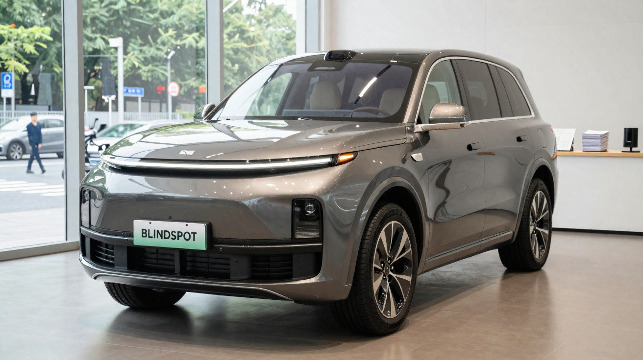 Veículo SUV elétrico cinzento exibido num showroom moderno com janelas amplas e piso claro.