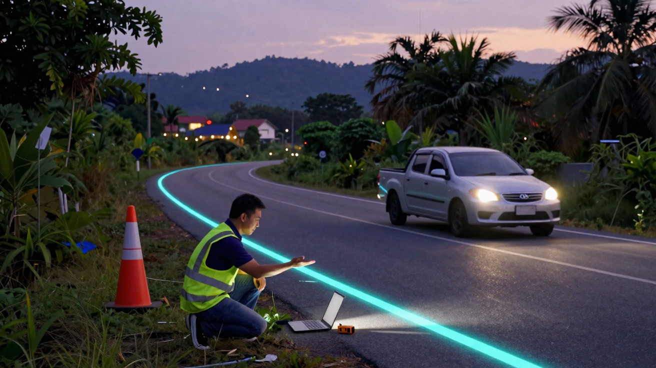 Homem com colete reflector sentado junto a estrada à noite, com laptop e luz azul a iluminar a via curva.