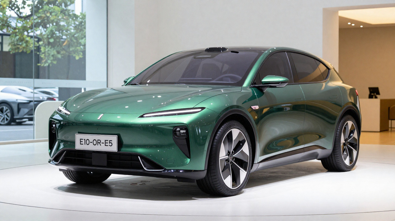 Carro elétrico moderno verde exposto em salão com janelas e iluminação interior contemporânea.