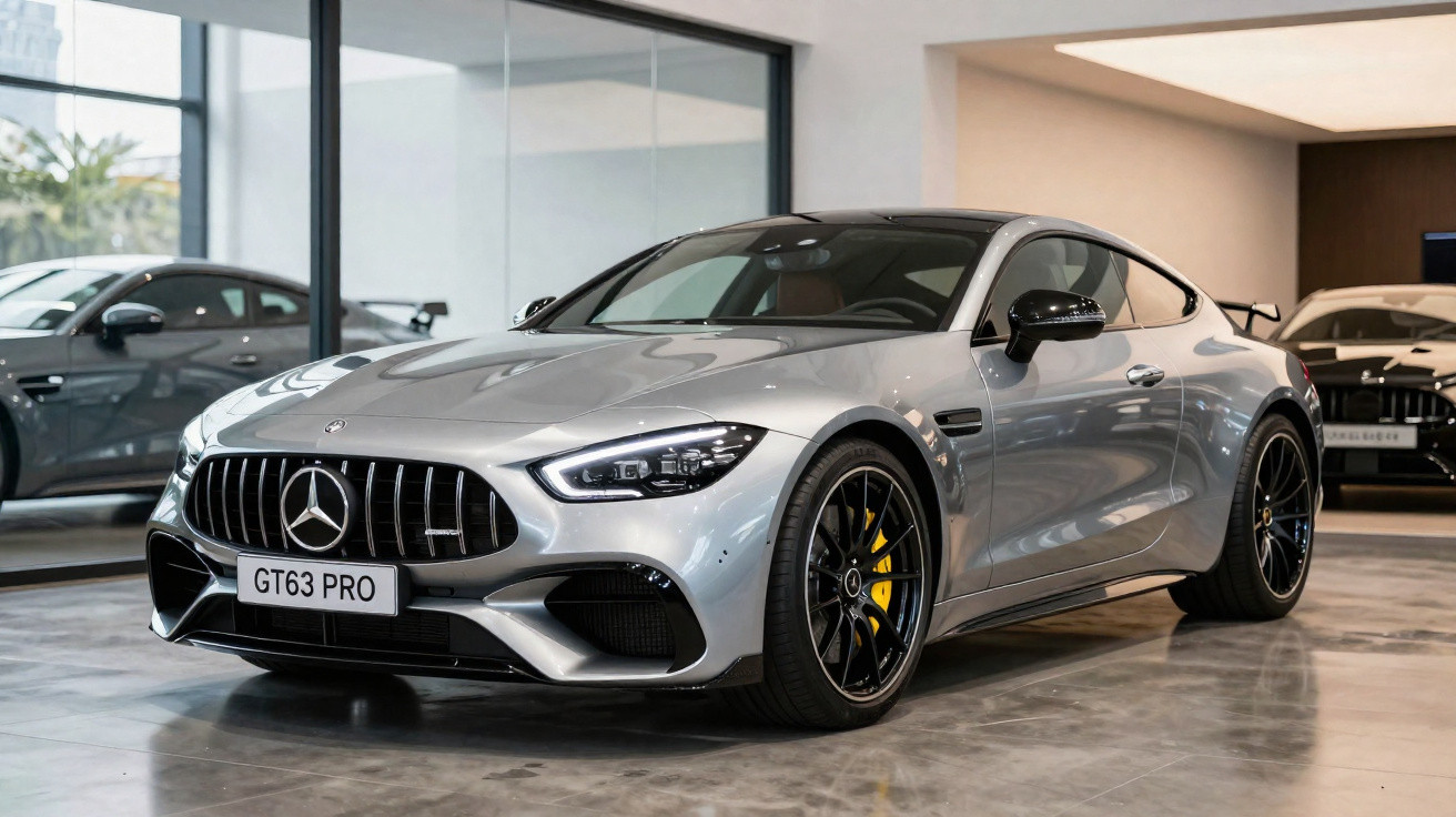 Mercedes-Benz GT63 PRO cinzento prateado numa sala de exposições com jantes pretas e pinças de travão amarelas.