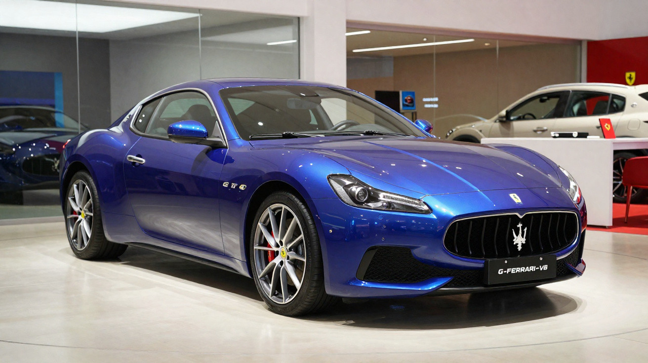 Carro desportivo azul Maserati Ghibli GT4 estacionado em showroom interior.