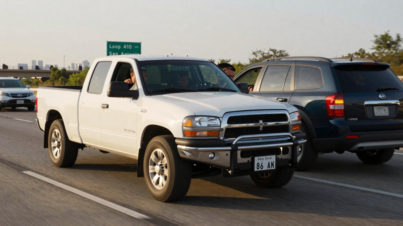 Picape branca e carros circulando numa autoestrada com placa verde indicando Loop 410 San Antonio.