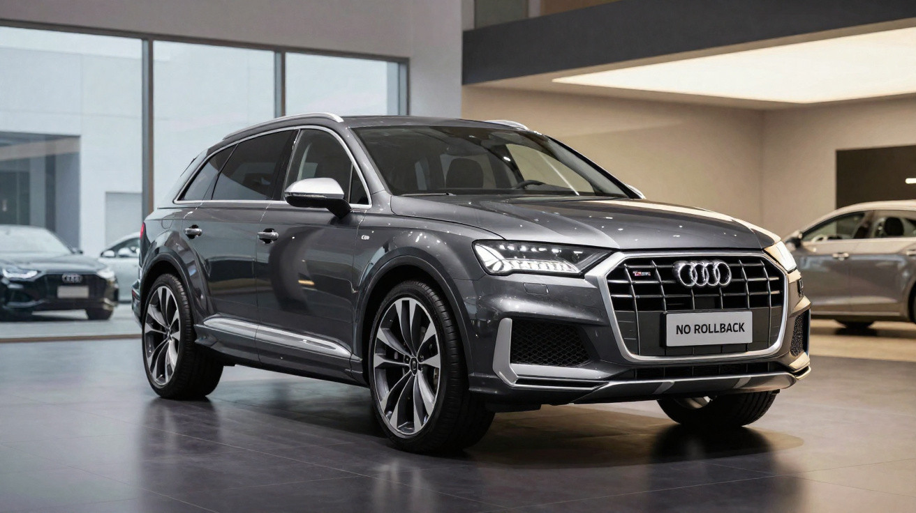 Carro Audi cinzento estacionado em interior luminoso, com detalhes modernos e jantes desportivas.