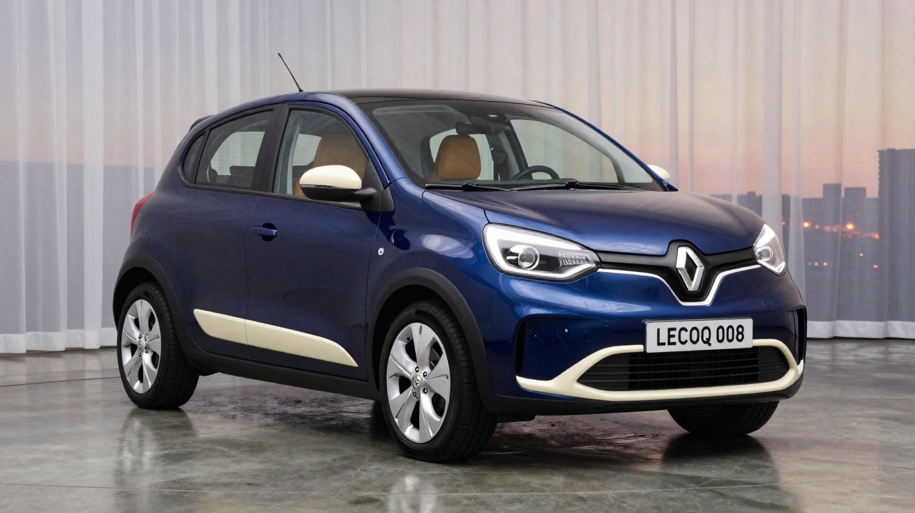 Carro compacto azul Renault LECOQ 008 estacionado em piso interior com cortinas ao fundo.