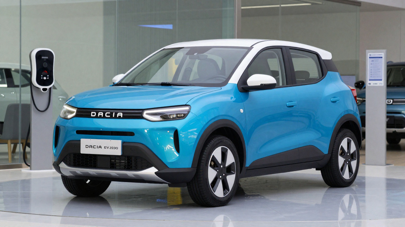 Carro elétrico azul Dacia EV 2030 estacionado em showroom, com posto de carregamento eléctrico ao lado.