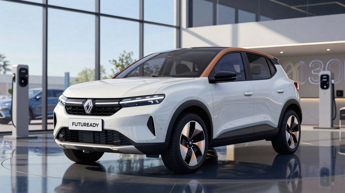Carro elétrico Renault branco com teto castanho exposto em showroom moderno com postos de carregamento.