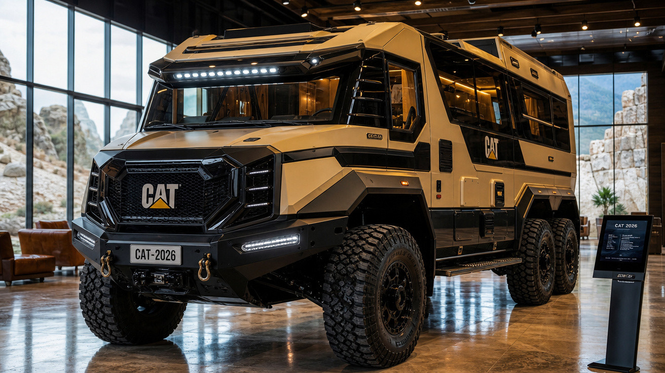 Veículo todo-o-terreno Caterpillar CAT 2026 com seis rodas em exposição interior moderna.