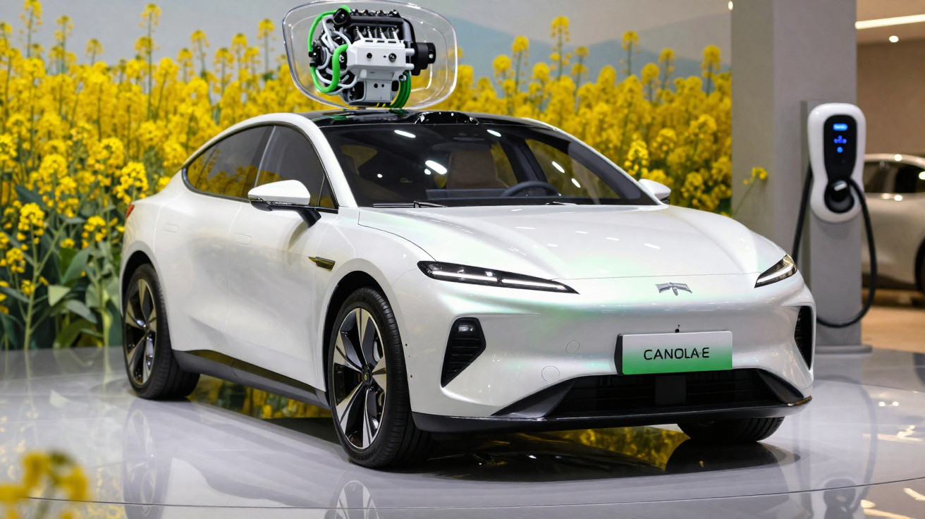 Carro elétrico branco Canola E em exposição com motor protótipo no tejadilho e carregador ao fundo