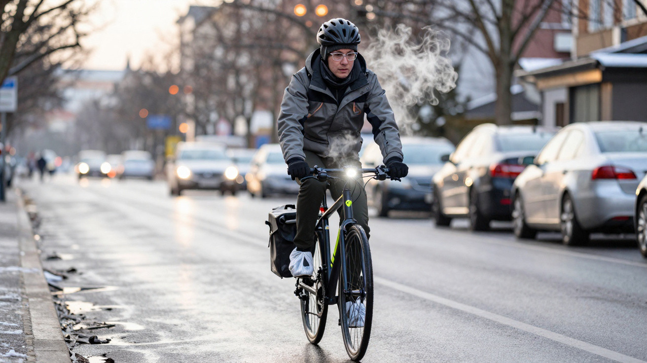 Homem de capacete e roupas de inverno a pedalar numa rua citadina fria com vapor a sair da sua boca.