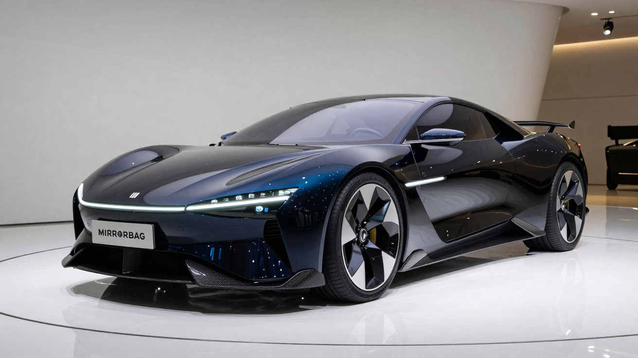 Carro desportivo elétrico futurista preto exibido em plataforma redonda branca numa exposição.