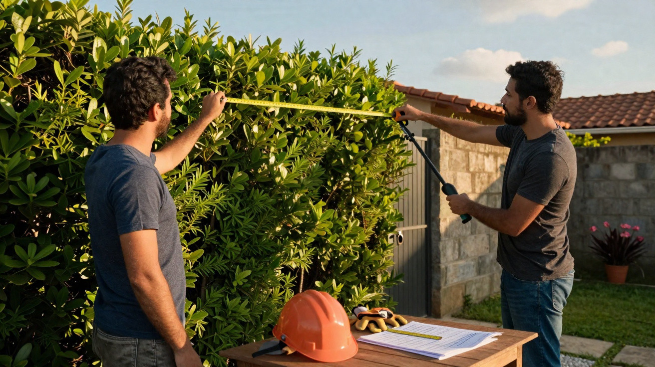 Dois homens aparando um arbusto num jardim com ferramentas de jardinagem numa mesa em primeiro plano.