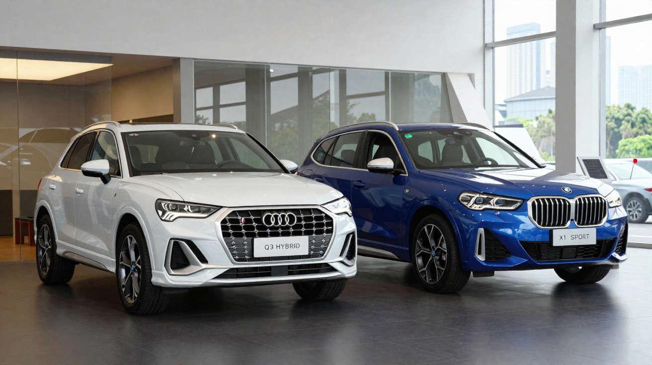 Dois carros SUV estacionados numa sala de exposição: Audi Q3 Hybrid branco e BMW X1 Sport azul.