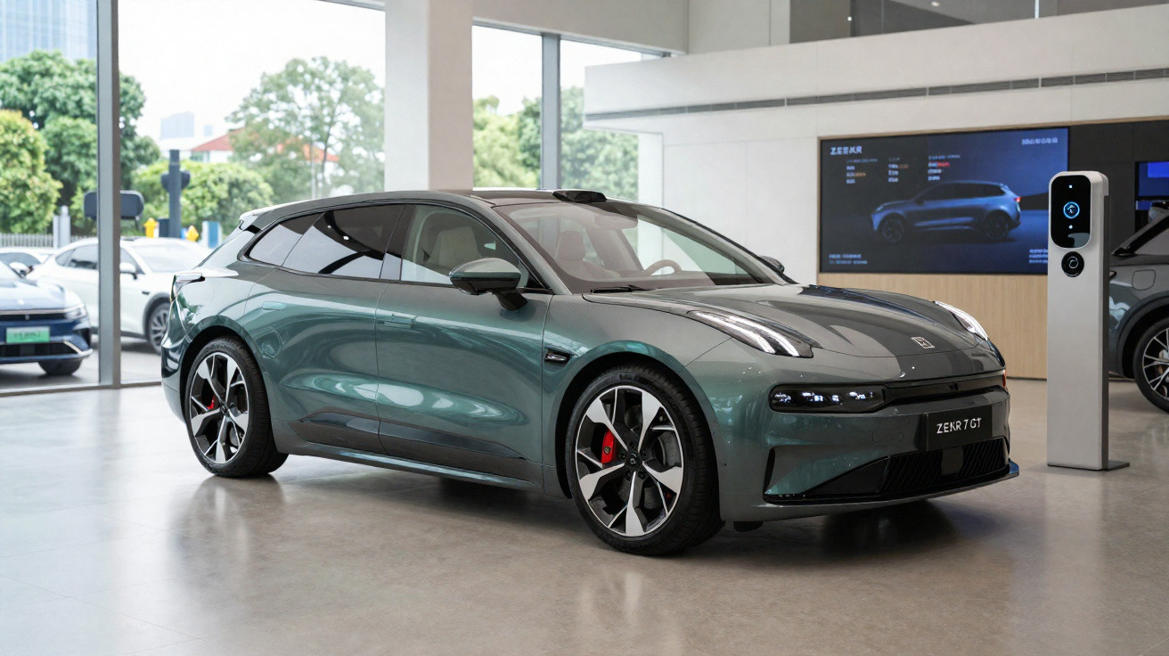 Carro elétrico cinza metalizado estacionado em showroom moderno com janelas grandes e carregador elétrico ao lado.