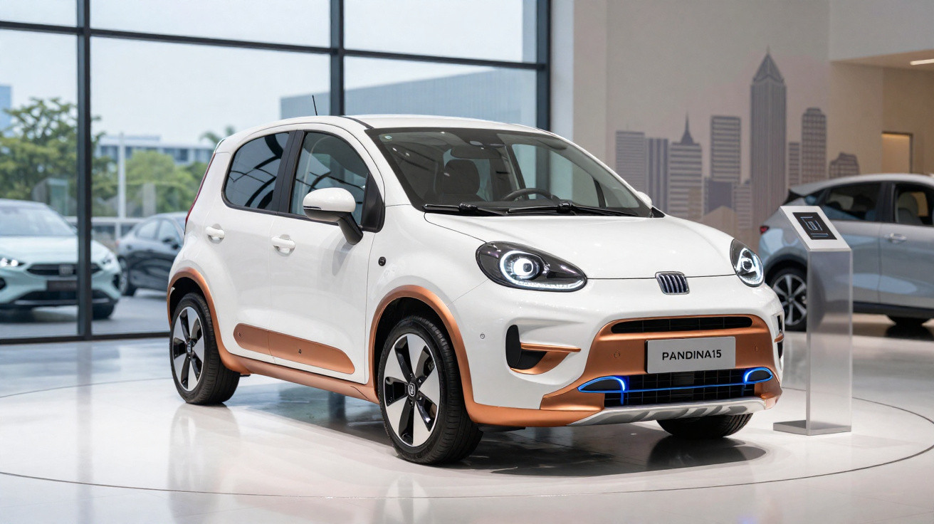 Carro elétrico branco com detalhes cor de cobre exposto em receção moderna e luminosa.