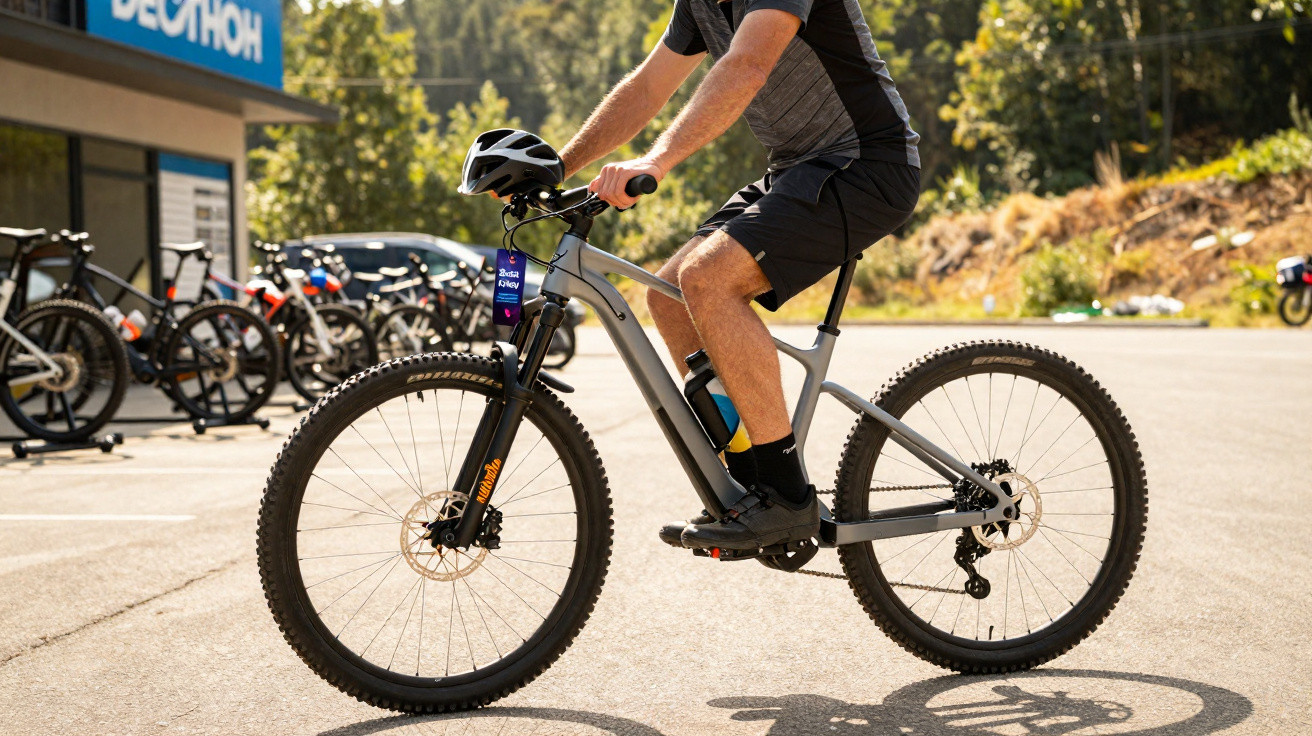 Pessoa a andar de bicicleta elétrica numa zona de estacionamento junto a loja Decathlon.