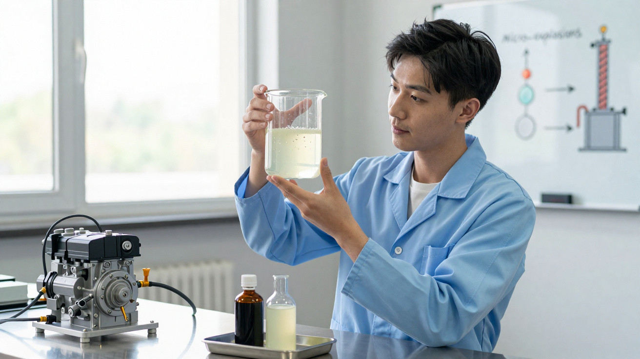 Homem em bata azul observa líquido num béquer num laboratório com equipamento científico ao lado.