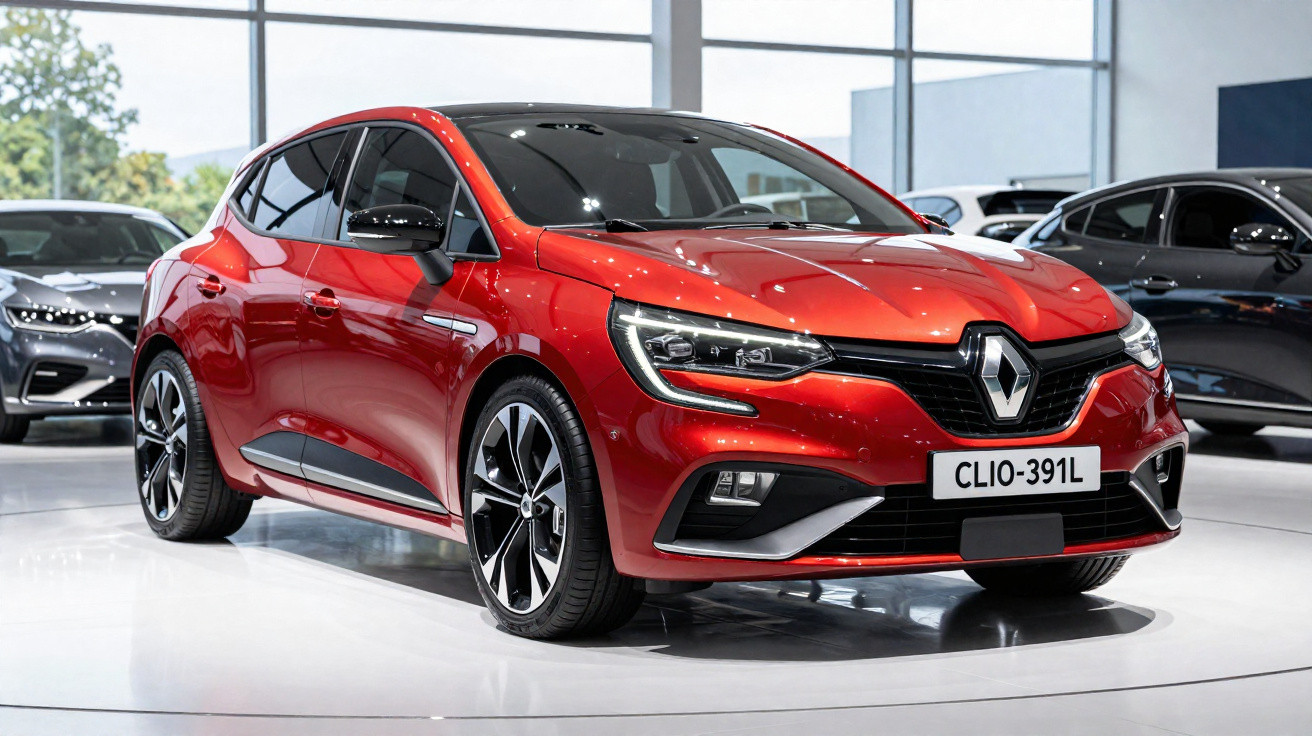 Automóvel Renault Clio vermelho exposto em salão de carros moderno com vidro ao fundo.