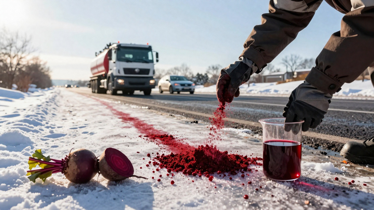 Pessoa a espalhar pó vermelho na estrada gelada, próximo a beterrabas cortadas e um recipiente com líquido vermelho.