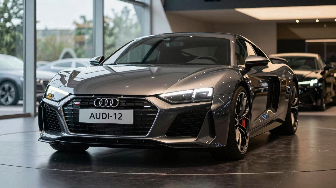 Carro desportivo Audi cinzento com matrícula AUDI-12 em exposição numa sala moderna.