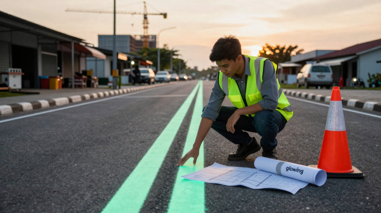Homem com colete refletor analisa plantas na estrada junto a linhas verdes fluorescentes e cone de trânsito.