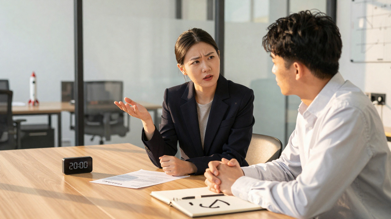 Mulher de blazer preto expressa confusão durante conversa com homem em escritório moderno.