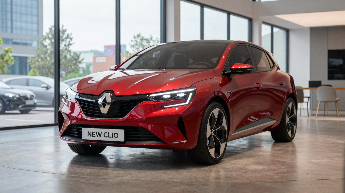 Automóvel Renault New Clio vermelho exposto em interior moderno com janelas grandes.