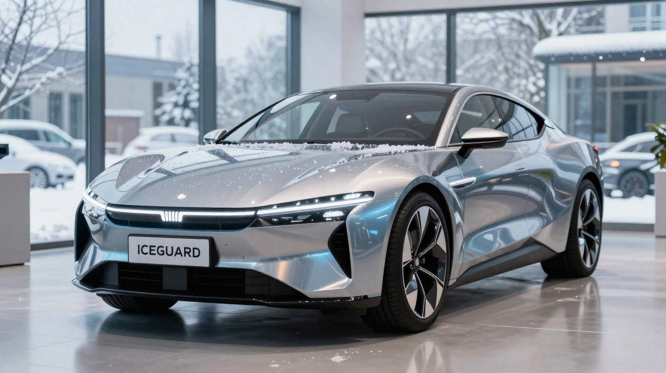 Carro elétrico prateado ICEGUARD num showroom com neve visível fora das janelas grandes.
