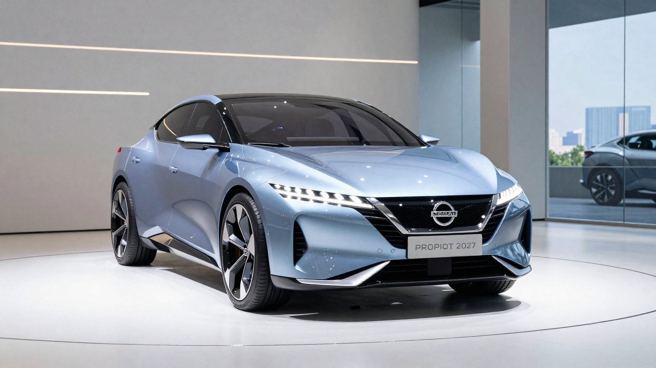 Carro elétrico futurista Nissan ProPILOT 2027 em exposição num ambiente moderno e minimalista.