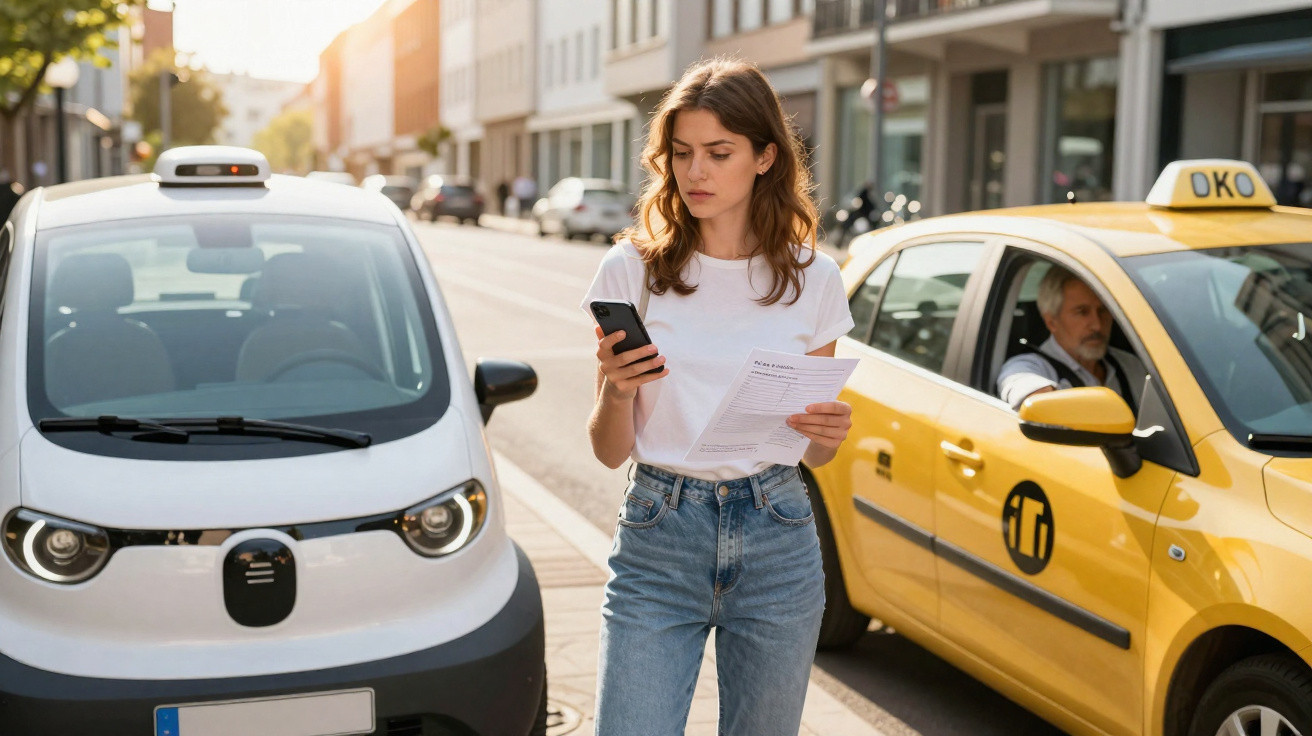 Mulher jovem verifica o telemóvel e segura papel, parada entre um carro elétrico branco e um táxi amarelo na rua.