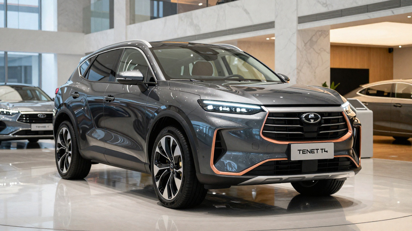 SUV cinza metalizado Tenet T4 exposto em concessionária com design moderno e faróis LED.
