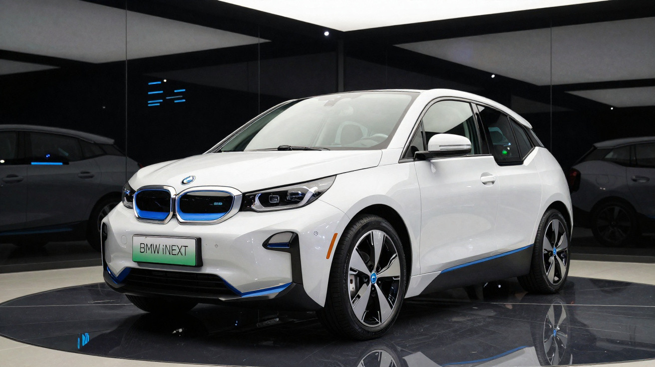 Carro elétrico BMW iNEXT branco estacionado em espaço moderno com paredes espelhadas.