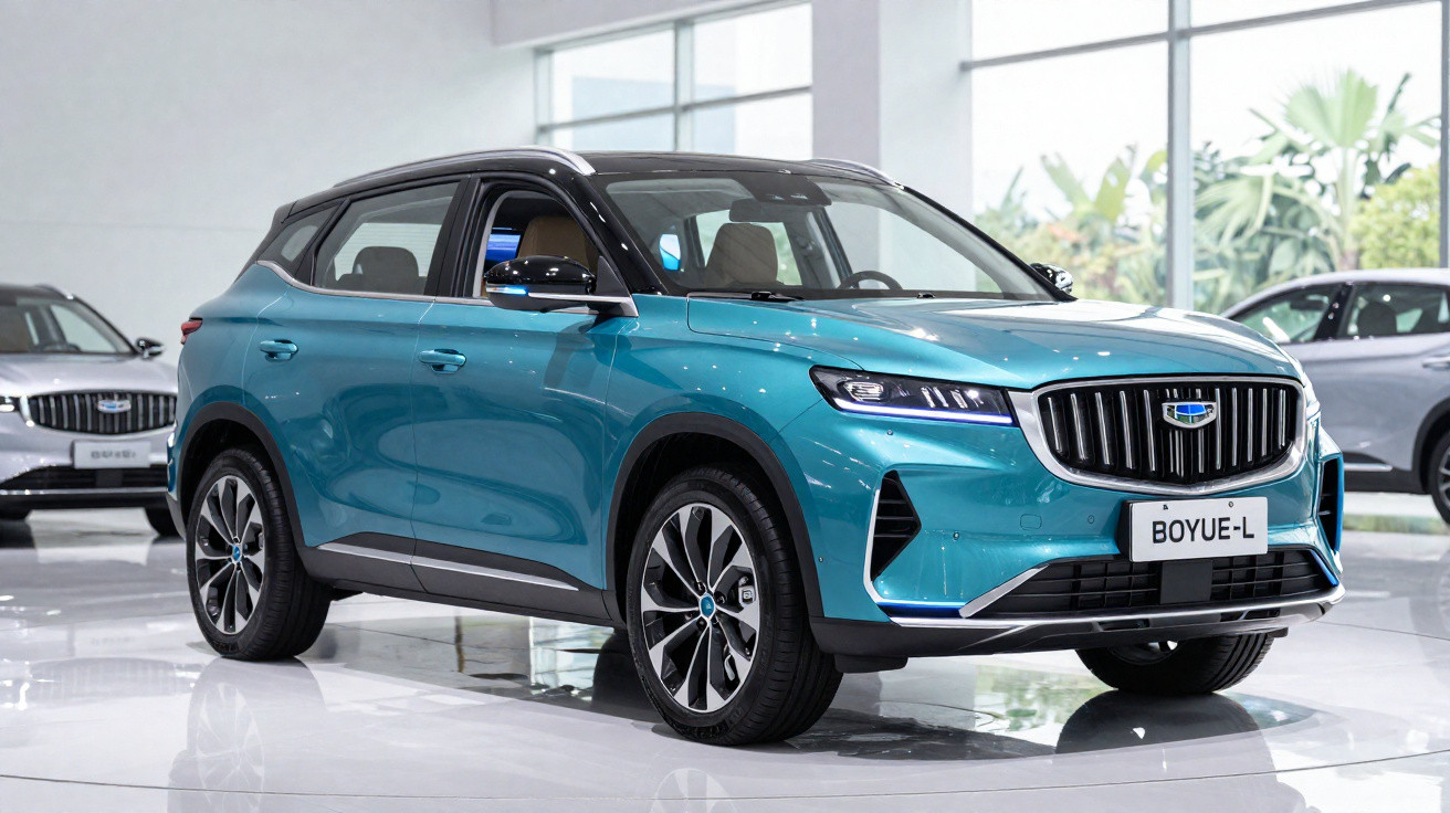 Automóvel SUV azul com tejadilho preto exposto em salão automóvel moderno e iluminado.