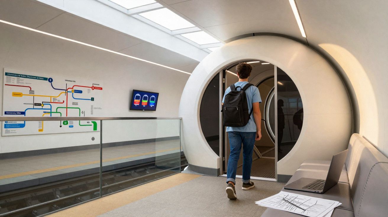Jovem com mochila a entrar numa estação de metro futurista com design circular e mapa de linhas na parede.