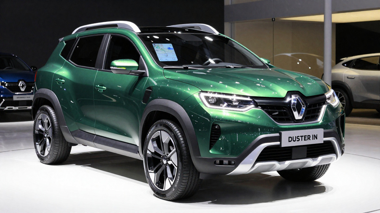 SUV Renault Duster verde brilhante exposto em salão automóvel, vista frontal direita.