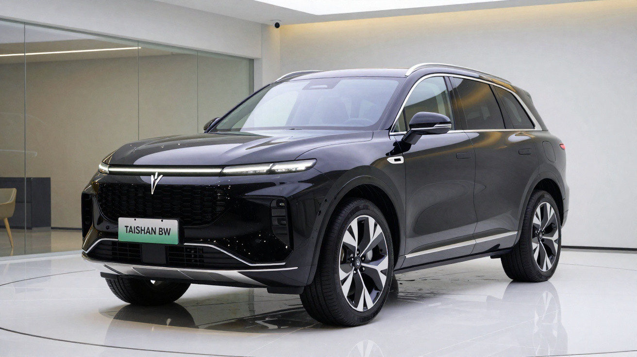 Carro elétrico SUV preto Taishan BW estacionado em espaço interior moderno e minimalista.