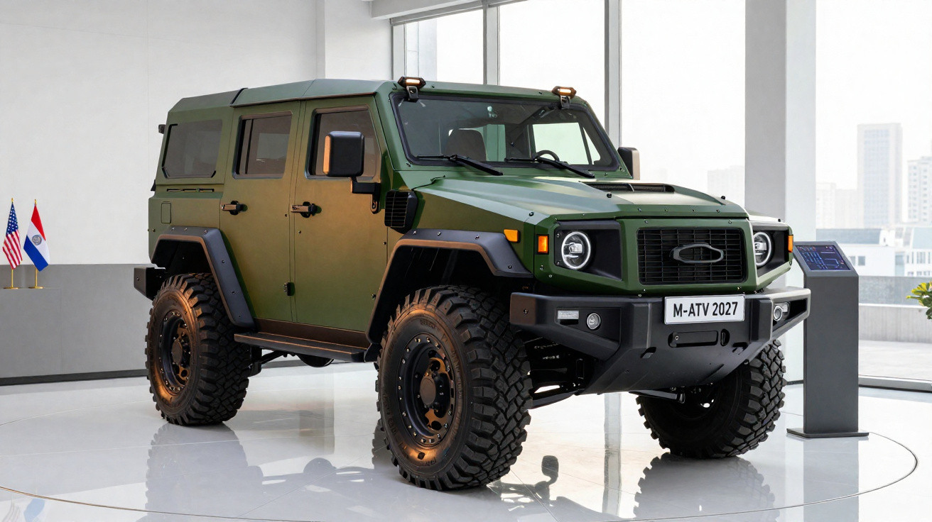 Carro militar verde todo-o-terreno com pneus grandes exposto numa sala iluminada por janelas altas.