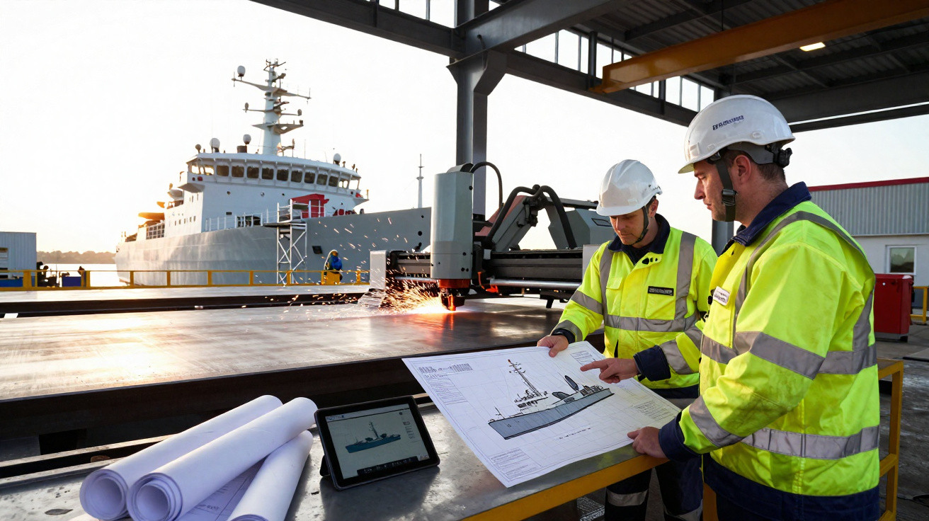 Dois trabalhadores com coletes refletivos analisam desenhos técnicos de um navio numa doca industrial.