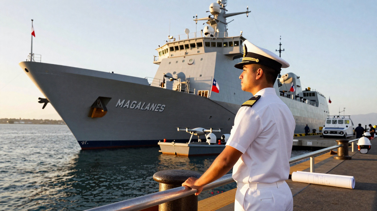 Marinheiro em uniforme branco observa o navio militar Magalanes atracado num porto ao pôr do sol.