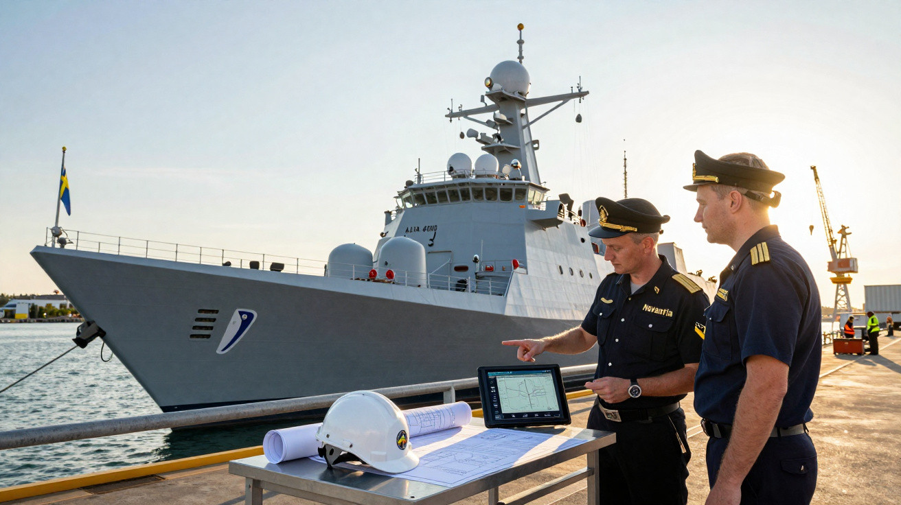 Dois oficiais navais em uniforme junto a mesa com capacete e plantas, navio militar atracado ao fundo.
